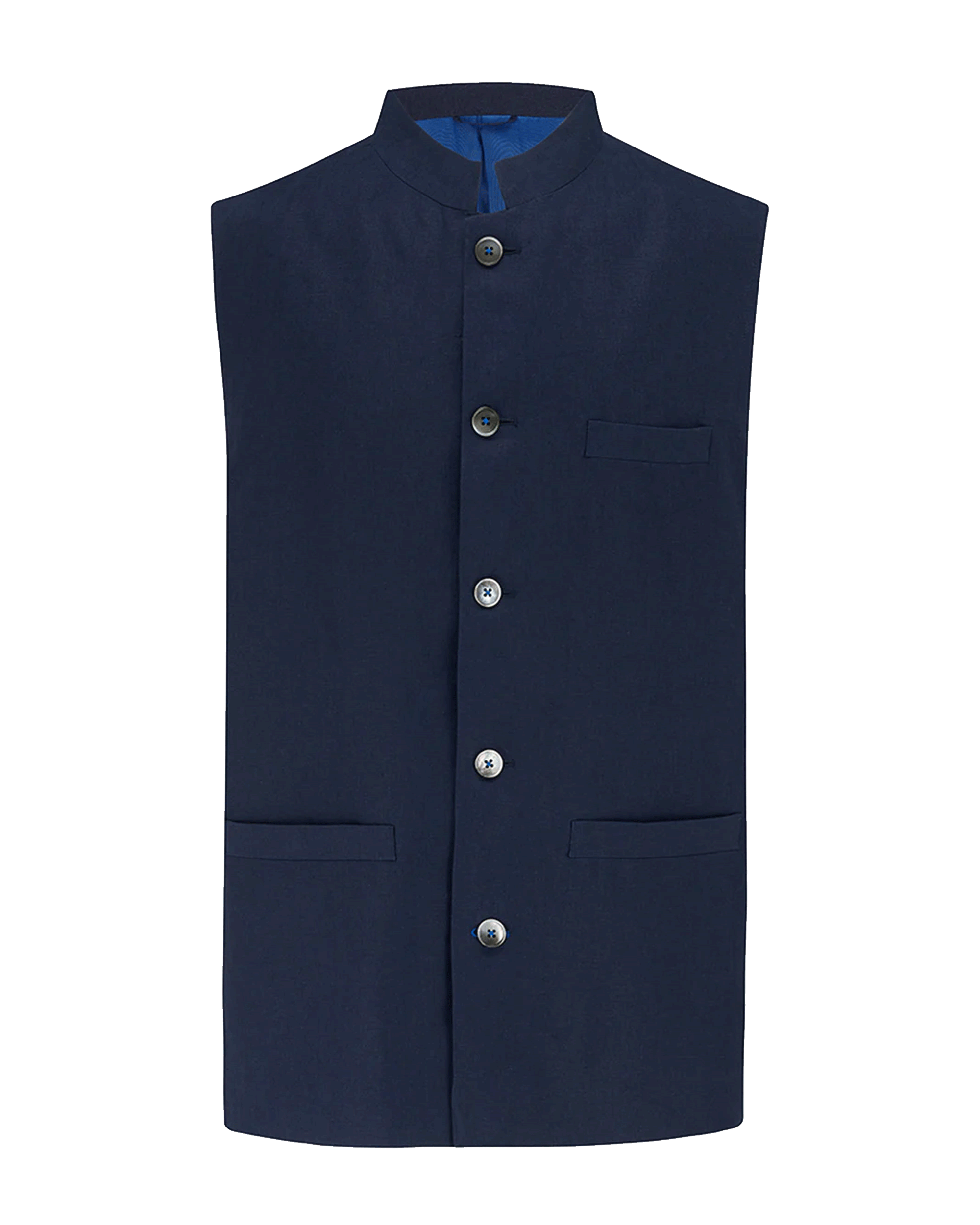 A navy blue sleeveless waistcoat vest with a mandarin collar, silver-tone snap buttons, and two front patch pockets, shown against a plain white background.