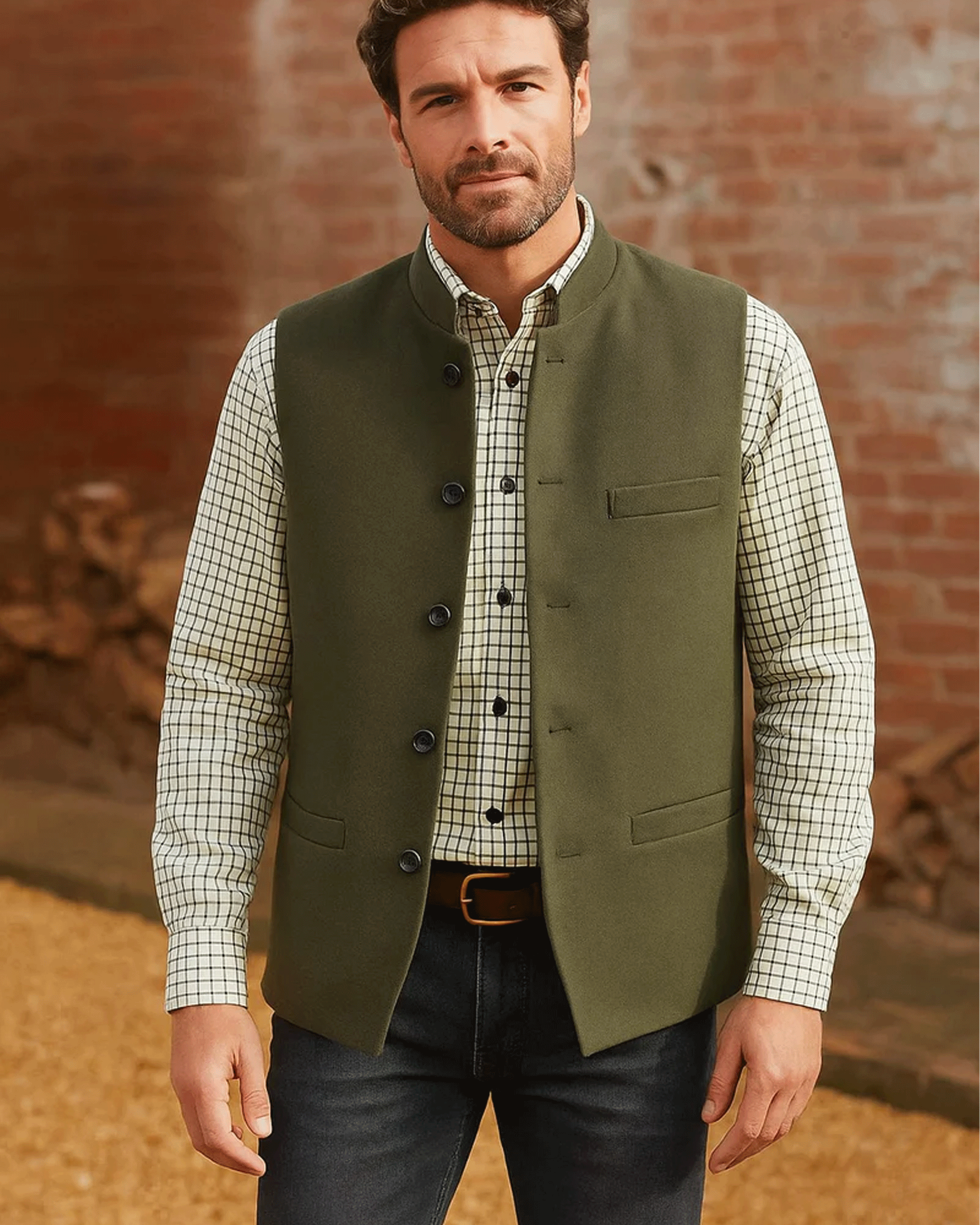 A man wearing an olive green waistcoat over a beige and black checkered shirt, paired with dark jeans, standing against a rustic brick wall background.
