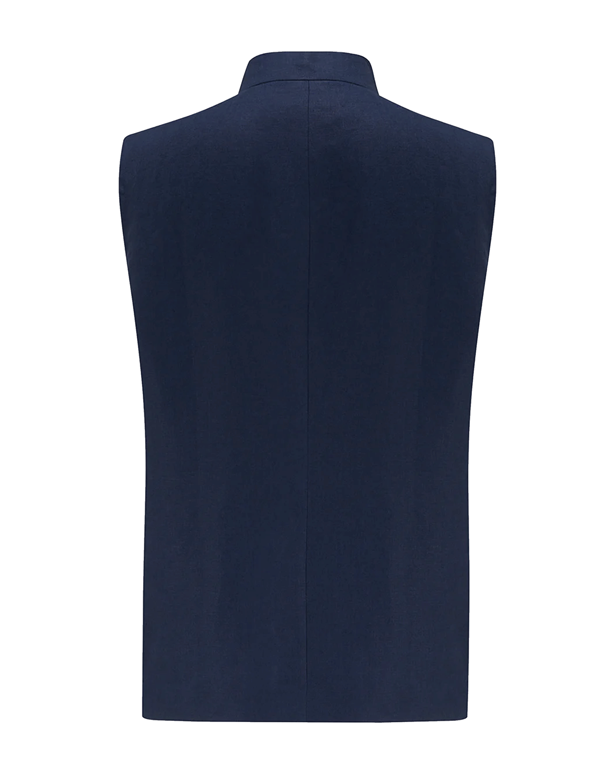A sleeveless navy blue vest with a high nehru style collar, shown from the back against a plain white background.