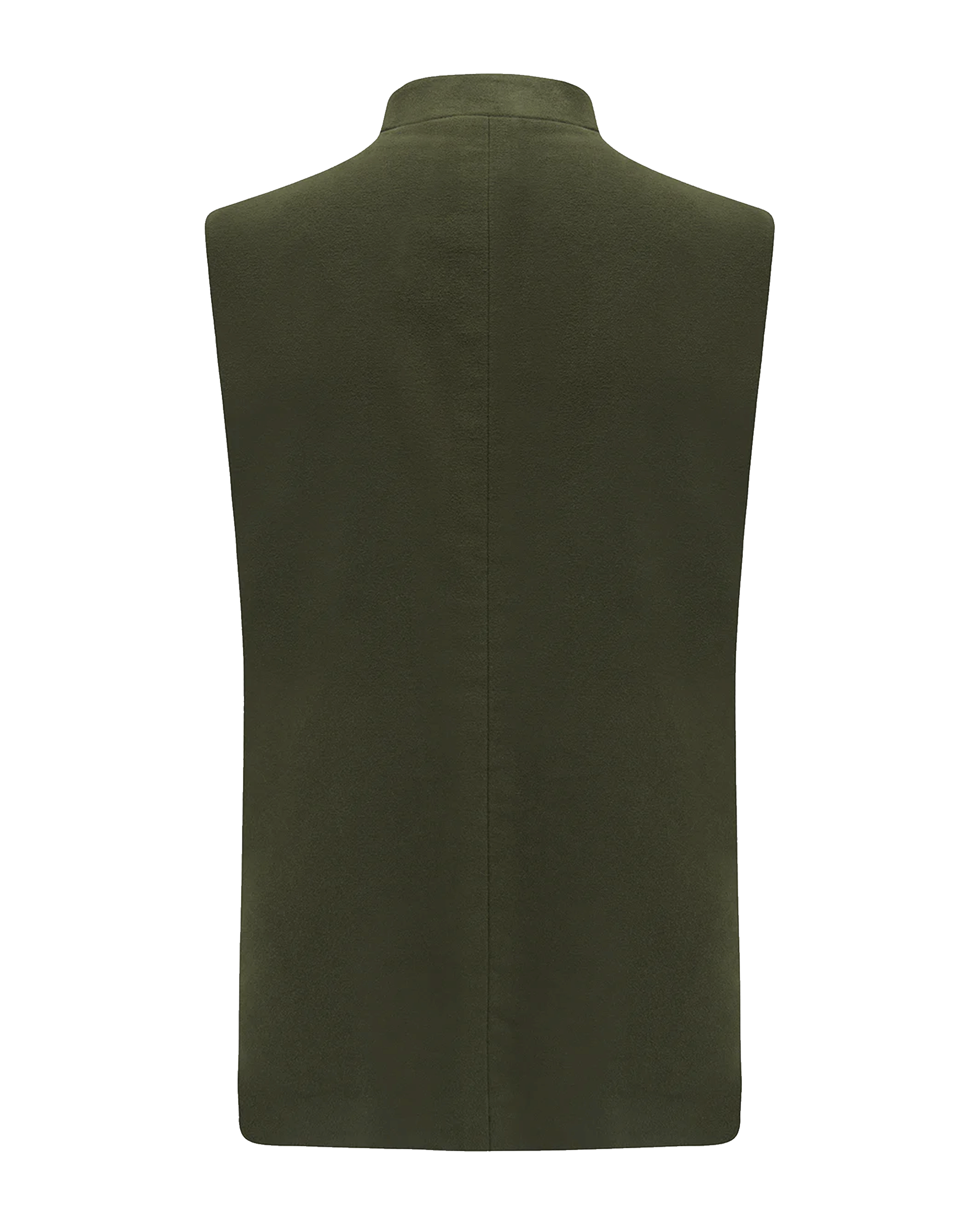 An olive green sleeveless vest shown from the back, featuring a high collar and a central seam, set against a plain white background.