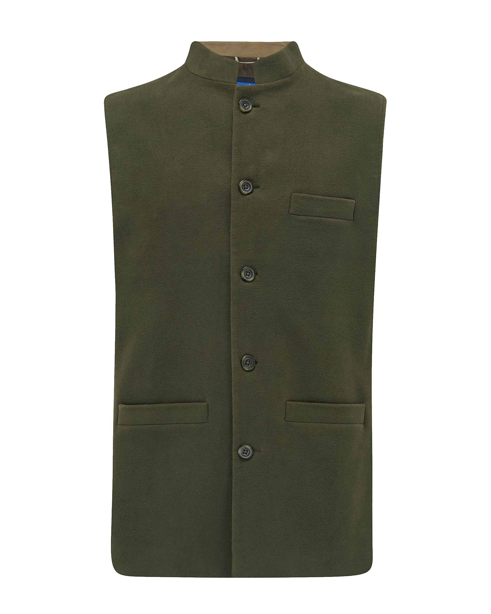 An olive green sleeveless waistcoat vest with a mandarin collar, buttoned front, and flap pockets, shown against a plain white background.